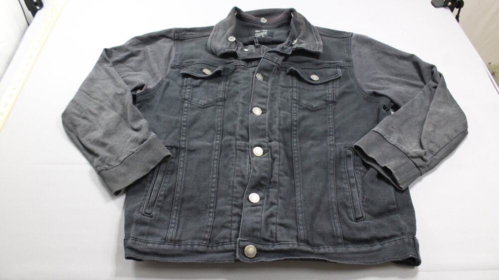 GS-115 Premium Mens L Black Denim Trucker Jacket Knit Sleeves Full Zip Layered